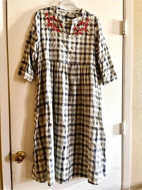 Plaid Midi Tunic with Red Floral Embroidery